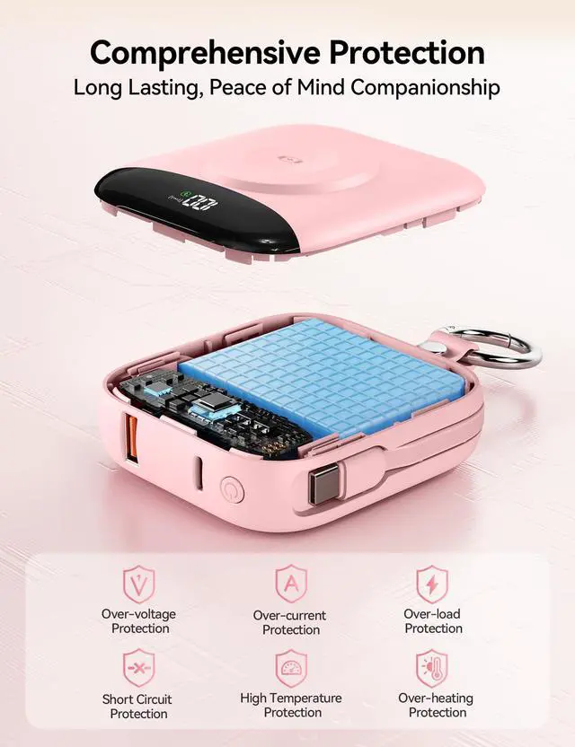 Alt view image 7 of 7 - Portable Charger Power Bank, 10000mAh Fast Charging Power Bank with Built-in Cables, Travel Keychain Battery Pack with LED Display for iPhone Samsung Android iPad iWatch Charger 11/10/9/8/Ultra,Pink