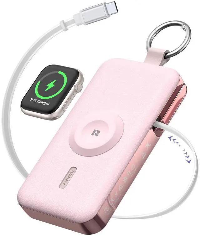 Main image of Portable Charger 12000mAh, 3 in 1 Power Bank with Built-in Retractable USB C Cable, 30W Fast Charging,Battery Pack with Keychain, Travel Essentials for iPhone, Apple Watch, iPad, Pink