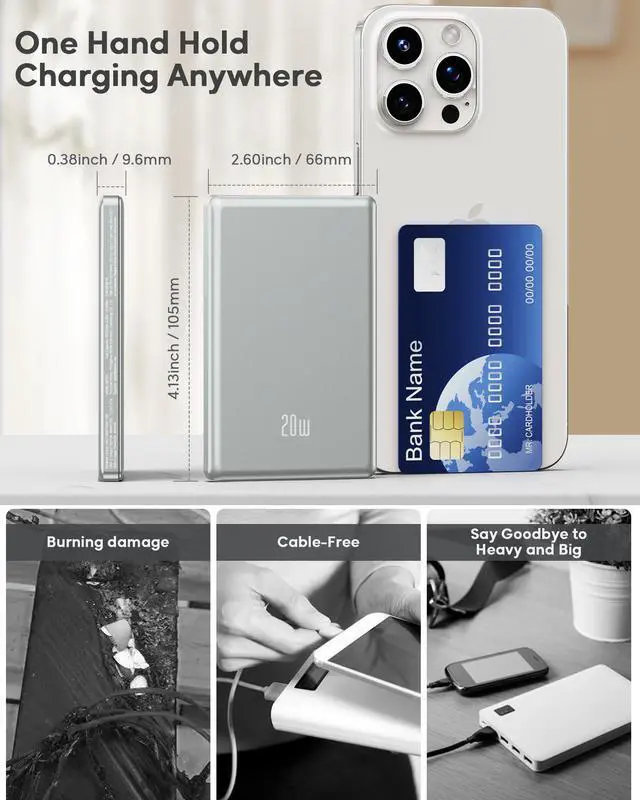 Alt view image 7 of 7 - for Magsafe Portable Charger iPhone,2026 Ultra Slim Wireless Battery Pack 5000mAh, 20W PD Magnetic Power Bank Fast Charging USB C Powerbank for i-Phone Air 17/16/15/14/13/12 Mini Plus Pro Max,Jet Gray
