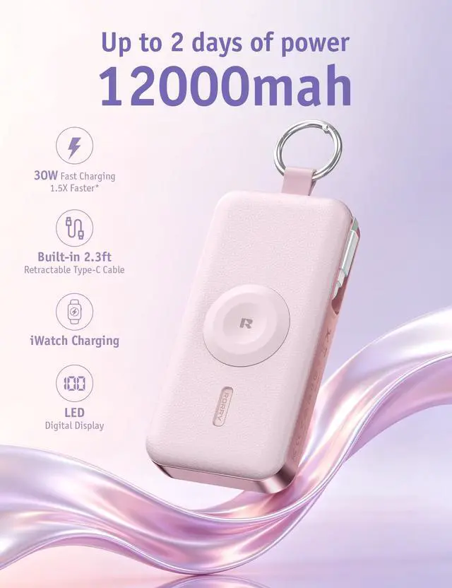 Alt view image 2 of 7 - Portable Charger 12000mAh, 3 in 1 Power Bank with Built-in Retractable USB C Cable, 30W Fast Charging,Battery Pack with Keychain, Travel Essentials for iPhone, Apple Watch, iPad, Pink