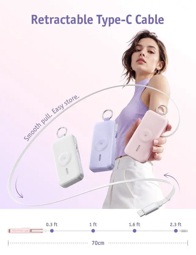 Alt view image 5 of 7 - Portable Charger 12000mAh, 3 in 1 Power Bank with Built-in Retractable USB C Cable, 30W Fast Charging,Battery Pack with Keychain, Travel Essentials for iPhone, Apple Watch, iPad, Pink