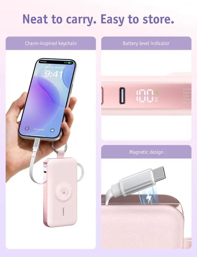 Alt view image 6 of 7 - Portable Charger 12000mAh, 3 in 1 Power Bank with Built-in Retractable USB C Cable, 30W Fast Charging,Battery Pack with Keychain, Travel Essentials for iPhone, Apple Watch, iPad, Pink