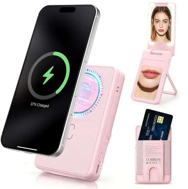 Main image of Magnetic Wireless Power Bank 5-in-1, 5000mAh Portable Charger with LED Mirror, Phone Stand, Card Holder & Bluetooth Remote, 20W Fast Charging for iPhone & Android, Travel Essential for Women
