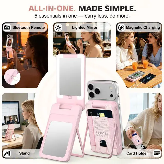 Alt view image 2 of 7 - Magnetic Wireless Power Bank 5-in-1, 5000mAh Portable Charger with LED Mirror, Phone Stand, Card Holder & Bluetooth Remote, 20W Fast Charging for iPhone & Android, Travel Essential for Women