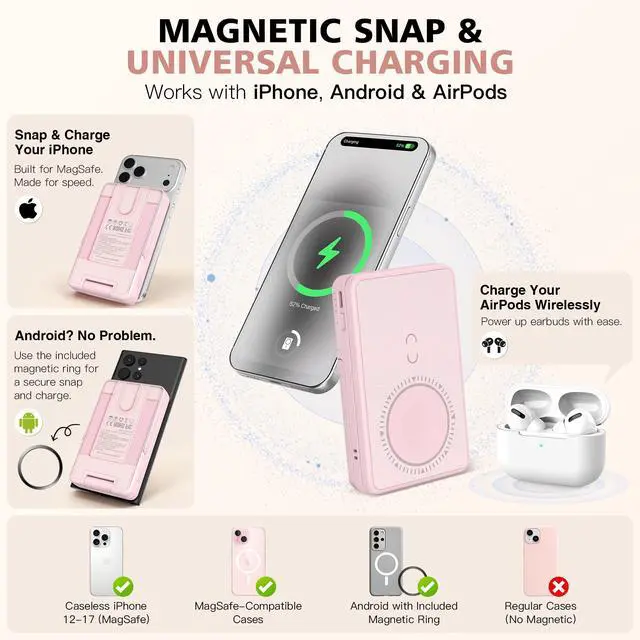 Alt view image 7 of 7 - Magnetic Wireless Power Bank 5-in-1, 5000mAh Portable Charger with LED Mirror, Phone Stand, Card Holder & Bluetooth Remote, 20W Fast Charging for iPhone & Android, Travel Essential for Women