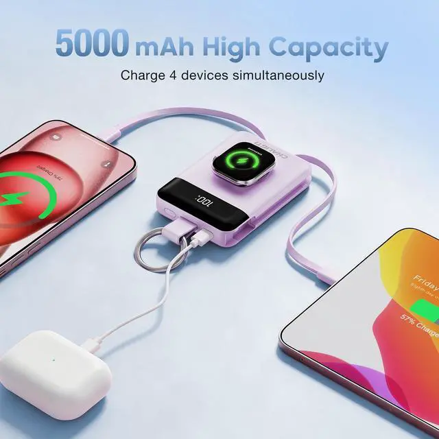 Alt view image 2 of 7 - 5000mAh Portable Charger with LED Display,PD 20W Super Fast Charging Power Bank with Built-in Cables,Travel Keychain Battery Pack for Apple Watch Series,iPhone Air/17/16/15/14/13/12,Purple