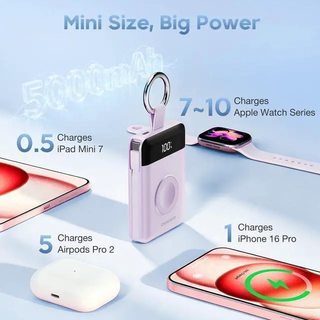 Alt view image 5 of 7 - 5000mAh Portable Charger with LED Display,PD 20W Super Fast Charging Power Bank with Built-in Cables,Travel Keychain Battery Pack for Apple Watch Series,iPhone Air/17/16/15/14/13/12,Purple