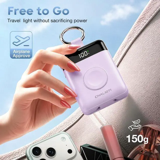 Alt view image 6 of 7 - 5000mAh Portable Charger with LED Display,PD 20W Super Fast Charging Power Bank with Built-in Cables,Travel Keychain Battery Pack for Apple Watch Series,iPhone Air/17/16/15/14/13/12,Purple