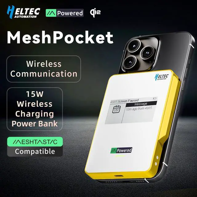 Alt view image 2 of 7 - Compatible Magnetic Power Bank with nRF52840 and SX1262 Chips E-Ink Display, Wireless Charging 5000mAh for Outdoor Emergency - MeshPocket Qi2 (Yellow)