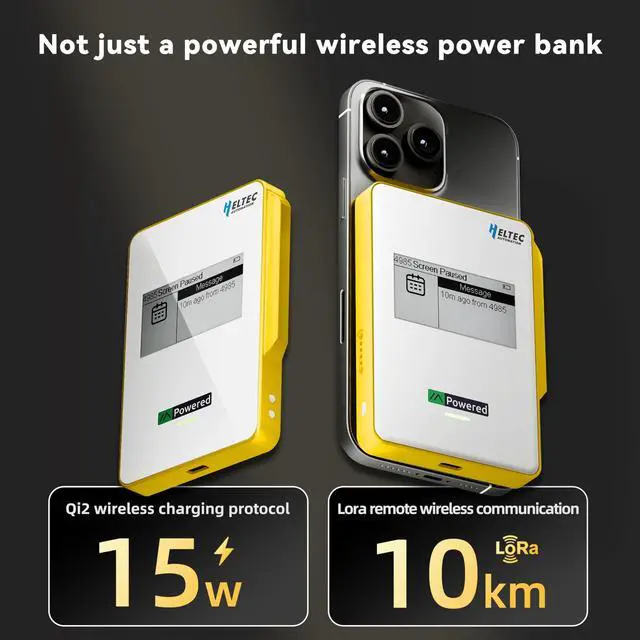 Alt view image 3 of 7 - Compatible Magnetic Power Bank with nRF52840 and SX1262 Chips E-Ink Display, Wireless Charging 5000mAh for Outdoor Emergency - MeshPocket Qi2 (Yellow)