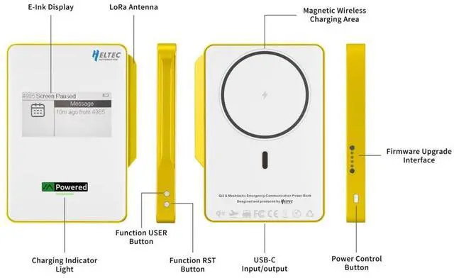 Alt view image 7 of 7 - Compatible Magnetic Power Bank with nRF52840 and SX1262 Chips E-Ink Display, Wireless Charging 5000mAh for Outdoor Emergency - MeshPocket Qi2 (Yellow)