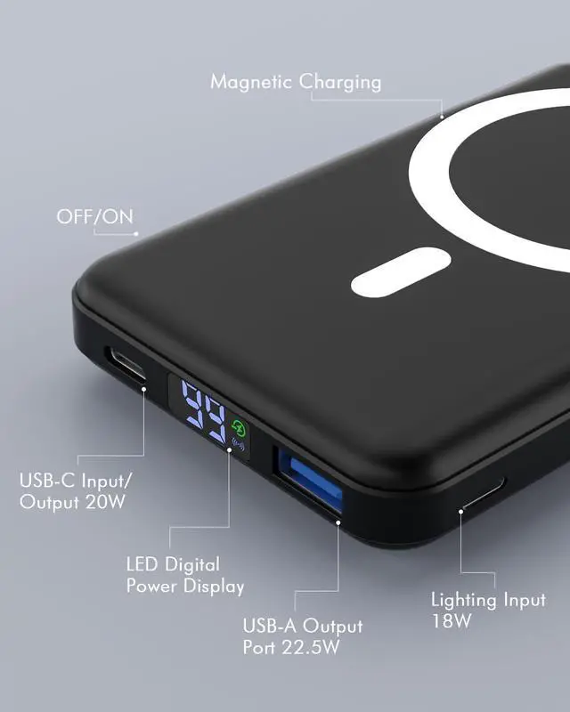 Alt view image 7 of 7 - for Magsafe Power Bank, Foldable 10000mAh Wireless Battery Pack with USB-C Cable & LED Display 22.5W PD Fast Charging Magnetic Portable Charger for iPhone 17/16/15/14/13/12 Series-Black