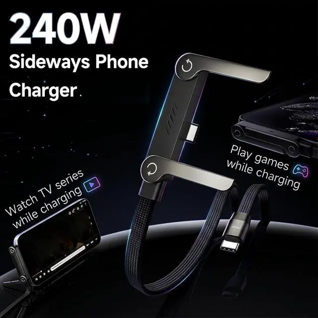 Alt view image 2 of 6 - 240w Braided Fast Charge Cable with Built-in Phone Stand, (1, Black, USB)