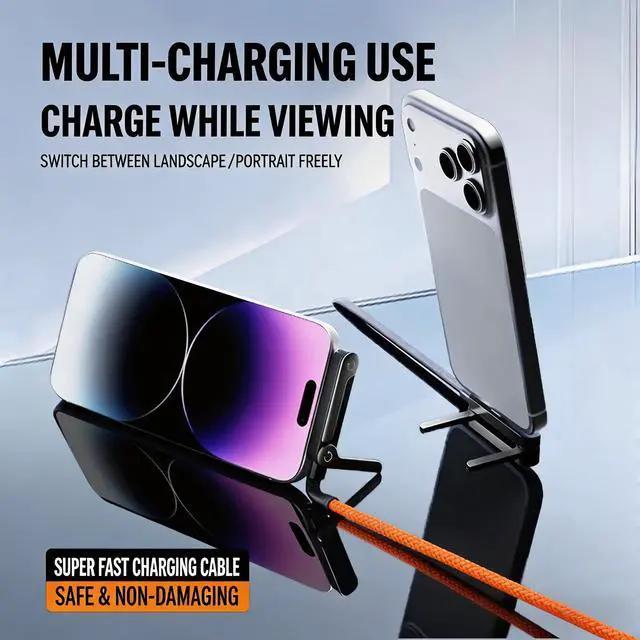 Alt view image 2 of 7 - USB C to USB C Fast Charging Cable 5ft with Foldable Phone Stand, 90° Elbow Braided Type-C Cable, 2-in-1 Charger Cord for Gaming/Video Streaming, Compatible with iPhone 15/16/17, Samsung, Laptops