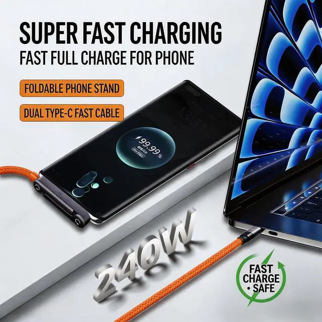 Alt view image 3 of 7 - USB C to USB C Fast Charging Cable 5ft with Foldable Phone Stand, 90° Elbow Braided Type-C Cable, 2-in-1 Charger Cord for Gaming/Video Streaming, Compatible with iPhone 15/16/17, Samsung, Laptops