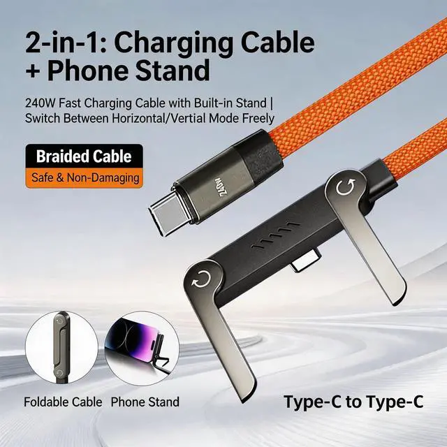Alt view image 4 of 7 - USB C to USB C Fast Charging Cable 5ft with Foldable Phone Stand, 90° Elbow Braided Type-C Cable, 2-in-1 Charger Cord for Gaming/Video Streaming, Compatible with iPhone 15/16/17, Samsung, Laptops