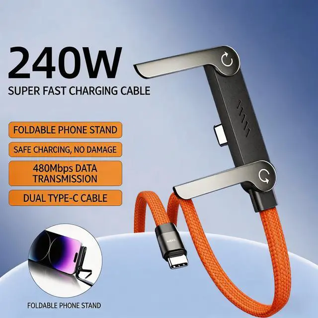 Alt view image 6 of 7 - USB C to USB C Fast Charging Cable 5ft with Foldable Phone Stand, 90° Elbow Braided Type-C Cable, 2-in-1 Charger Cord for Gaming/Video Streaming, Compatible with iPhone 15/16/17, Samsung, Laptops