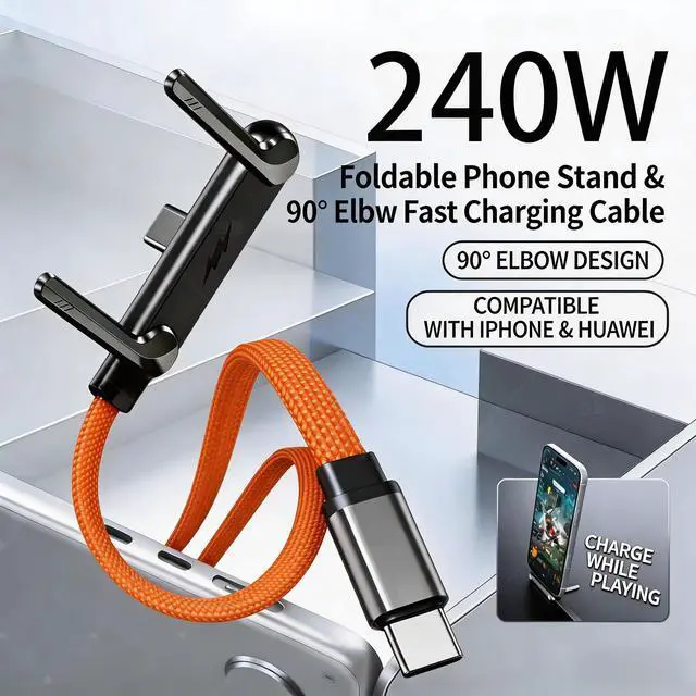 Alt view image 5 of 7 - USB C to USB C Fast Charging Cable 5ft with Foldable Phone Stand, 90° Elbow Braided Type-C Cable, 2-in-1 Charger Cord for Gaming/Video Streaming, Compatible with iPhone 15/16/17, Samsung, Laptops