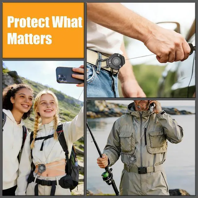 Alt view image 6 of 7 - Magnetic Anti Theft Phone Strap, Retractable Steel Cell Phone Lanyard with Heavy Duty Carabiner and 360° Metal Phone Tether Tab For Skiing, Hiking, Fishing, Concert and Traveling, 2 Packs