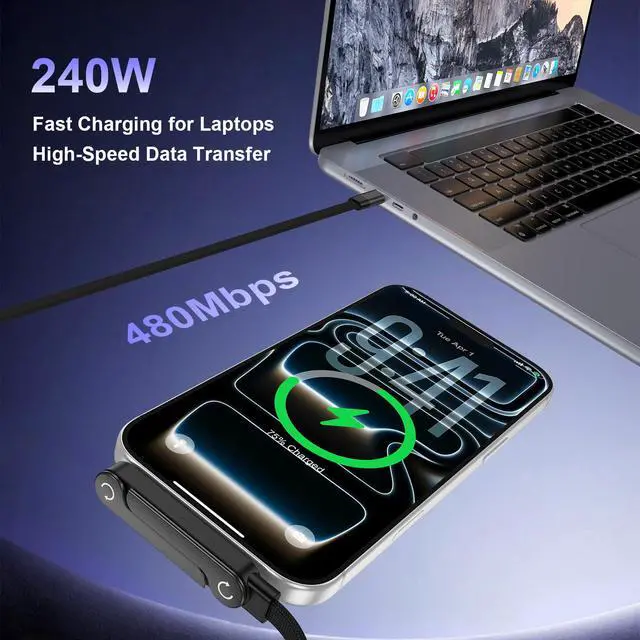 Alt view image 5 of 7 - 240W USB C to USB C Cable Fast Charging,5FT Invisible Type C Cable with Built-in Phone Stand T-Shaped Foldable Cord,USBC Cable with 90° Angled Kickstand for Samsung Galaxy S26 Ultra S26 S25,iPhone 17e