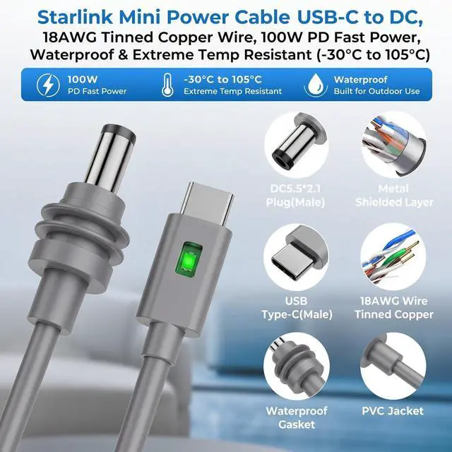 Alt view image 5 of 7 - Starlink Mini Cable, Starlink Mini USB C to DC Power Cable, 20V PD 100W Output, 18AWG Tinned Copper Wire, Stable Power Supply Cord for Outdoor Indoor, Travel & RV Use,Starlink Mini Accessories,10FT