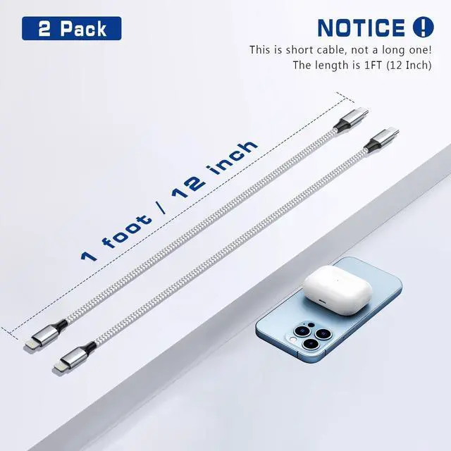 Alt view image 2 of 7 - 1ft USB C to Lightning Cable Short, 2 Pack PD MFi Certified, 12 Inch Fast Charging Type C to Lightning Cord Nylon Braided for iPhone 14/13/12/11 Pro/X/XR/XS/8/7/6s/Plus