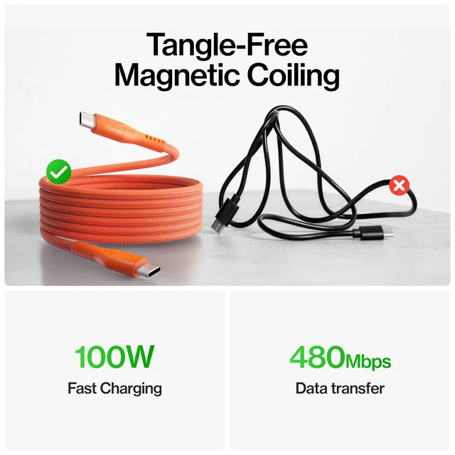 Alt view image 3 of 7 - Statik MagStack Pro USB C to USB C Coiling Magnetic Charging Cable, 100W, Nylon Braided Tangle-Free Design, Magnetic Coiling, Data Transfer, Compatible with iPhone & Android, 3FT Orange, 3 Pack