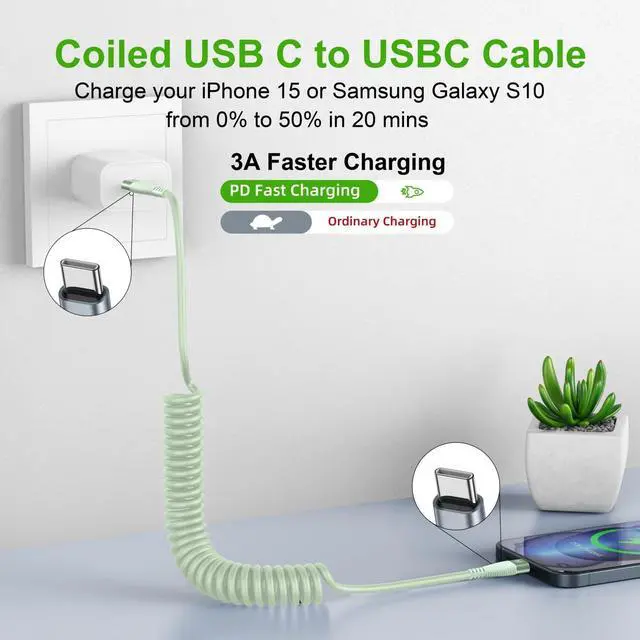 Alt view image 2 of 7 - USB C to C Cable 3FT, 2Pack Coiled USB C Fast Charging Cable for CarPlay, iPhone USB-C Cable/Android Auto USB C Cord, USB Type-C Cable for iPhone 17/16/15/Pro Max/Plus/Galaxy S26 S25 and More-Green
