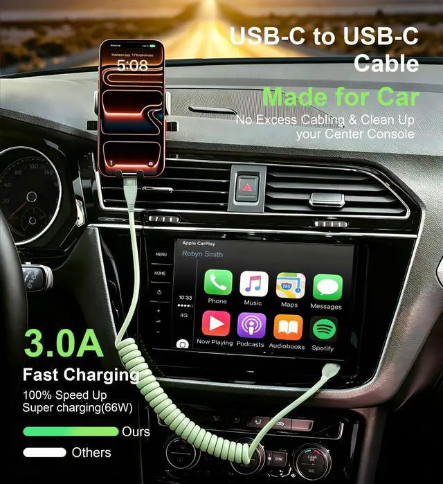 Alt view image 3 of 7 - USB C to C Cable 3FT, 2Pack Coiled USB C Fast Charging Cable for CarPlay, iPhone USB-C Cable/Android Auto USB C Cord, USB Type-C Cable for iPhone 17/16/15/Pro Max/Plus/Galaxy S26 S25 and More-Green