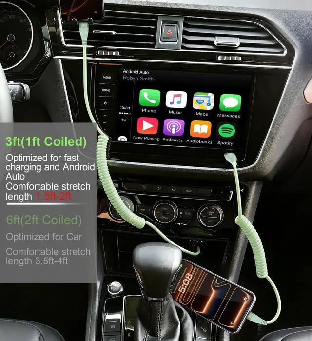 Alt view image 4 of 7 - USB C to C Cable 3FT, 2Pack Coiled USB C Fast Charging Cable for CarPlay, iPhone USB-C Cable/Android Auto USB C Cord, USB Type-C Cable for iPhone 17/16/15/Pro Max/Plus/Galaxy S26 S25 and More-Green