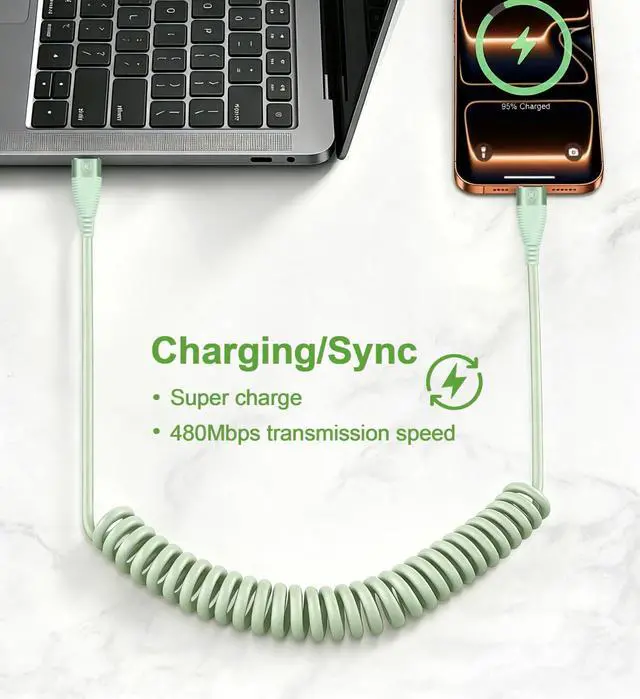 Alt view image 6 of 7 - USB C to C Cable 3FT, 2Pack Coiled USB C Fast Charging Cable for CarPlay, iPhone USB-C Cable/Android Auto USB C Cord, USB Type-C Cable for iPhone 17/16/15/Pro Max/Plus/Galaxy S26 S25 and More-Green