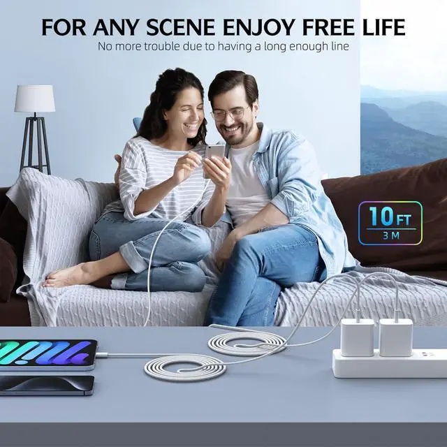 Alt view image 7 of 7 - Fast Charging iPhone 17 16 15 Charger,2Pack 10 FT Long USB C Charger woven Cord with 20W USBC Fast Charger Block for iPhone 17/17 Air/17 Pro/17 Pro Max/16/16 Pro/16 Pro Max/15/15 Pro Max/Plus/iPad Pro