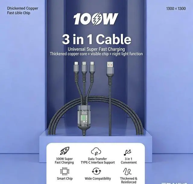 Alt view image 2 of 7 - 100w Multi Fast Charging Cable, 3 in 1 Multi USB Cable Fast Charging Cord with IP/Type C/Micro USB Ports for Cell Phones