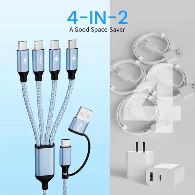 Alt view image 5 of 7 - USB C Splitter Multi Charging Cable,USB A/C to USB C Charging Cord,USB C to USB C Cable,4 in 2 Multi Charger Cord with 4 Type-C Connectors Compatible with iP16/15/Cell Phones Tablets and More.