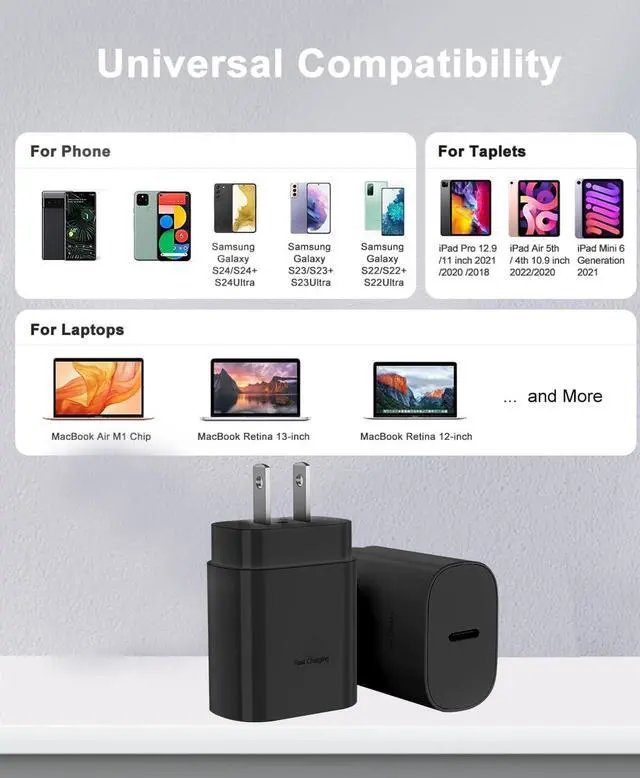Alt view image 6 of 6 - 25W Type C Charger, 4-Pack Type C Fast Charging Block, with 6ft Cable Compatible Galaxy S25 S24 S23 S22 S21 S20 S10 S9/i Phone 17/16/15