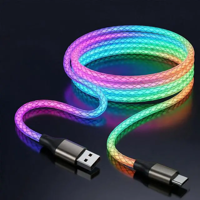 Main image of USB C Charger Cable 6A Fast Charging, RGB Gradual Color Light 66W LED Light Up Cord, USB A to USB C Data Sync Wire Compatible with iPhone 15/16, Samsung Galaxy S23/S24/S25 Ultra (Multicolor, 3FT)