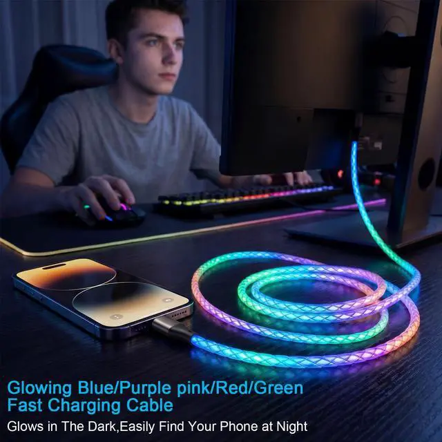 Alt view image 2 of 7 - USB C Charger Cable 6A Fast Charging, RGB Gradual Color Light 66W LED Light Up Cord, USB A to USB C Data Sync Wire Compatible with iPhone 15/16, Samsung Galaxy S23/S24/S25 Ultra (Multicolor, 3FT)