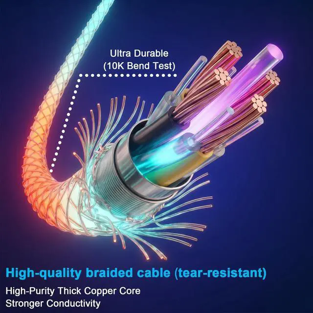 Alt view image 4 of 7 - USB C Charger Cable 6A Fast Charging, RGB Gradual Color Light 66W LED Light Up Cord, USB A to USB C Data Sync Wire Compatible with iPhone 15/16, Samsung Galaxy S23/S24/S25 Ultra (Multicolor, 3FT)