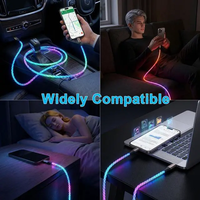Alt view image 6 of 7 - USB C Charger Cable 6A Fast Charging, RGB Gradual Color Light 66W LED Light Up Cord, USB A to USB C Data Sync Wire Compatible with iPhone 15/16, Samsung Galaxy S23/S24/S25 Ultra (Multicolor, 3FT)