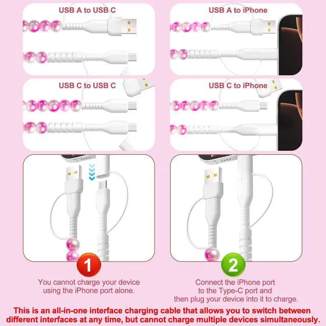 Alt view image 4 of 7 - 4 in 1 Multi Charging Cable USB C Cable 3FT for Beaded iPhone Charger Cord