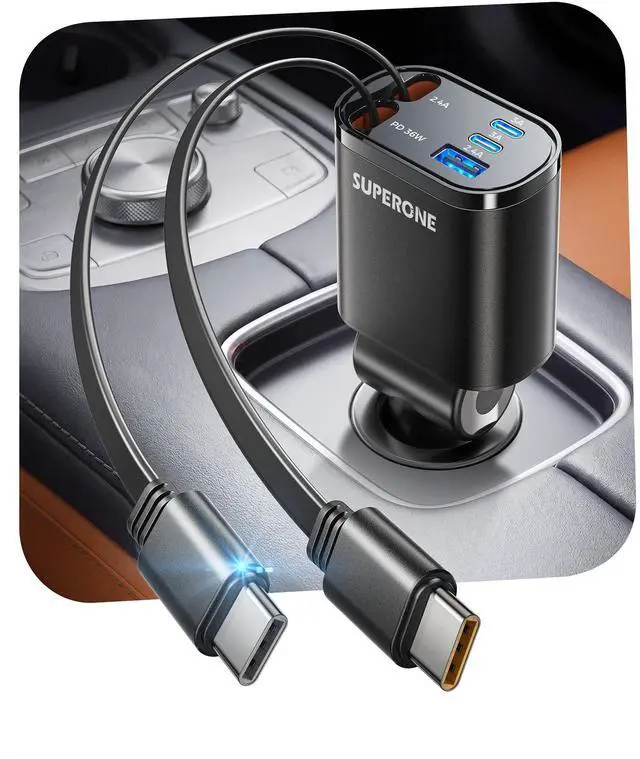 Main image of 90W Retractable Car Charger with Dual Type C Cables, Car Adapter USB C Fast Charger, 5-in-1 Multi Port Fast Charging Compatible with iPhone 17 16 15 14 13 12, Galaxy, Pixel, iPad - Black