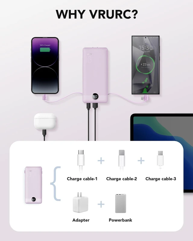 Alt view image 4 of 7 - Portable Charger,VRURC Power Bank Built-in AC Wall Plug and Cables | USB C Power Bank 10000mAh, Travel Phone Charger Compact External Battery Pack For Smart Phones, Tablets etc-Purple
