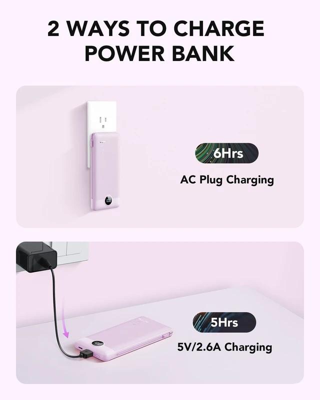 Alt view image 5 of 7 - Portable Charger,VRURC Power Bank Built-in AC Wall Plug and Cables | USB C Power Bank 10000mAh, Travel Phone Charger Compact External Battery Pack For Smart Phones, Tablets etc-Purple