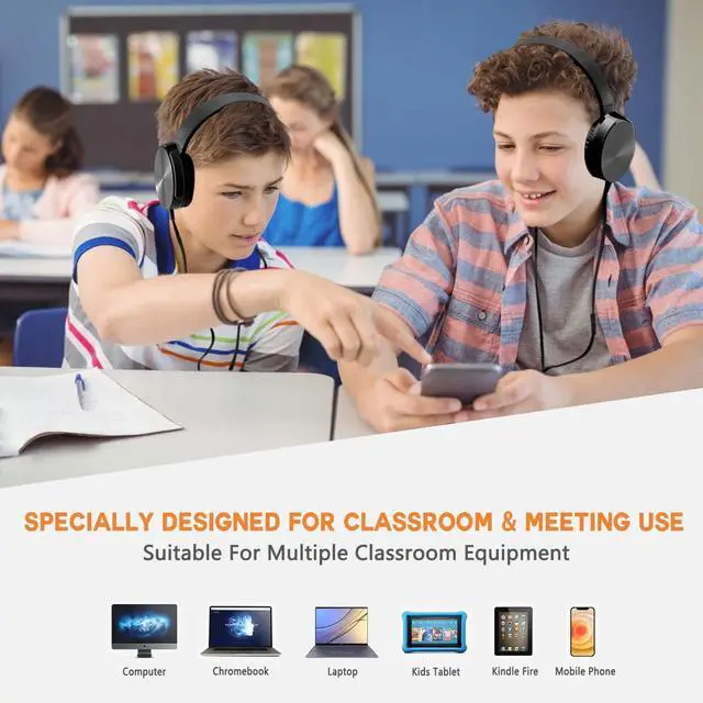 Alt view image 7 of 7 - 2 Pack Wired Classroom Headphones with Microphone for Kids All Ages K-12, Durable Students Computer Headphones for School, Library, Airplane, Online Learning and Travel (HY450, Black)