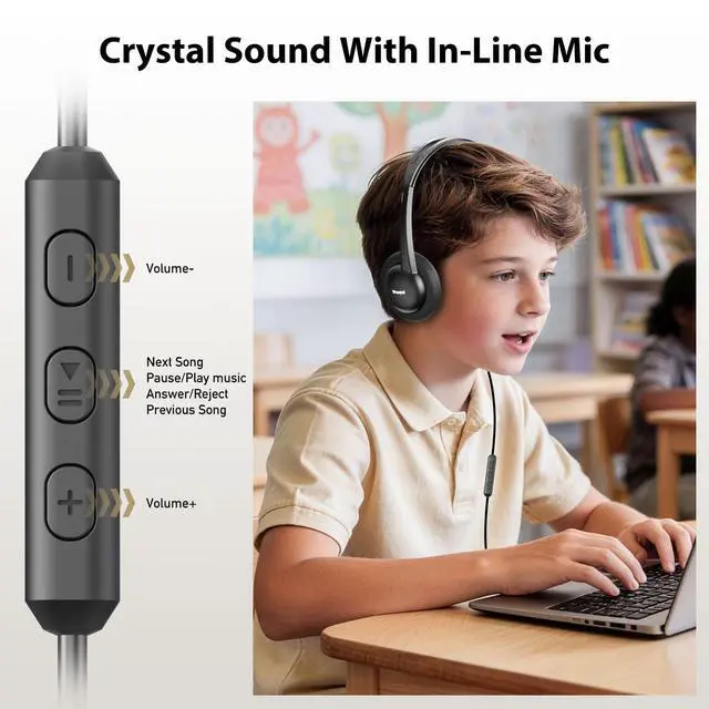 Alt view image 4 of 7 - USB-C Wired on-Ear Headphones with Microphone & in-Line Control, Comfort Foam Pads, Adjustable Headband for Kids, Teens, Adults, Compatible with Type-C Phone, Tablet, Laptop, PC