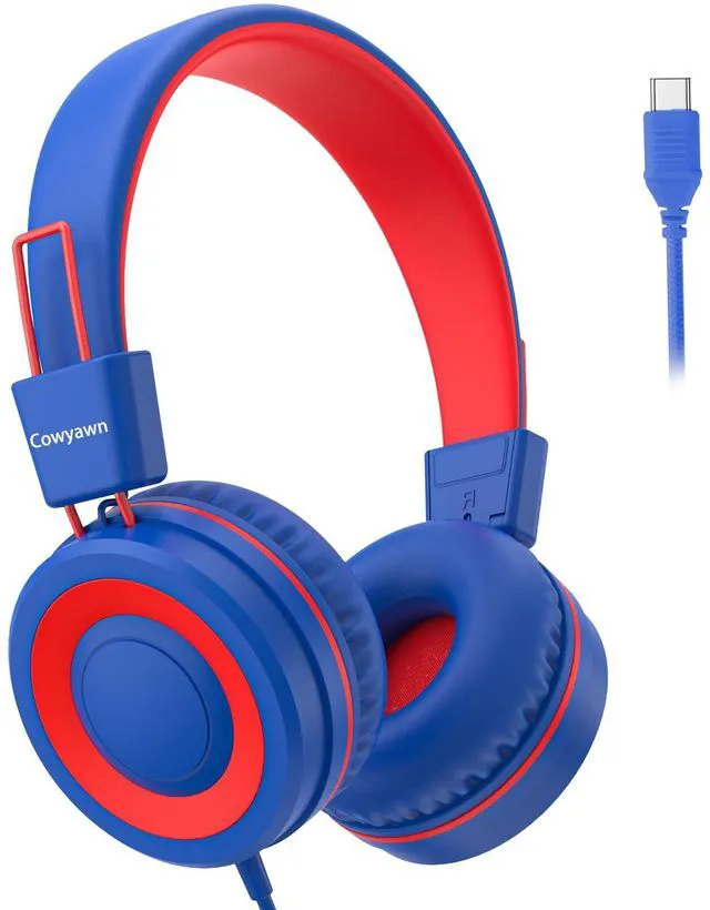 Main image of USB Type C Kids Headphones for School, Wired Toddler Headphones, 94dB Volume Limited, HD Stereo Sound, Foldable Lightweight On-Ear Wired Headphones for Kids/Children/Teens/Boys (Red Blue)