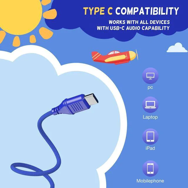 Alt view image 2 of 7 - USB Type C Kids Headphones for School, Wired Toddler Headphones, 94dB Volume Limited, HD Stereo Sound, Foldable Lightweight On-Ear Wired Headphones for Kids/Children/Teens/Boys (Red Blue)