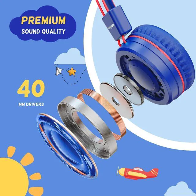 Alt view image 3 of 7 - USB Type C Kids Headphones for School, Wired Toddler Headphones, 94dB Volume Limited, HD Stereo Sound, Foldable Lightweight On-Ear Wired Headphones for Kids/Children/Teens/Boys (Red Blue)