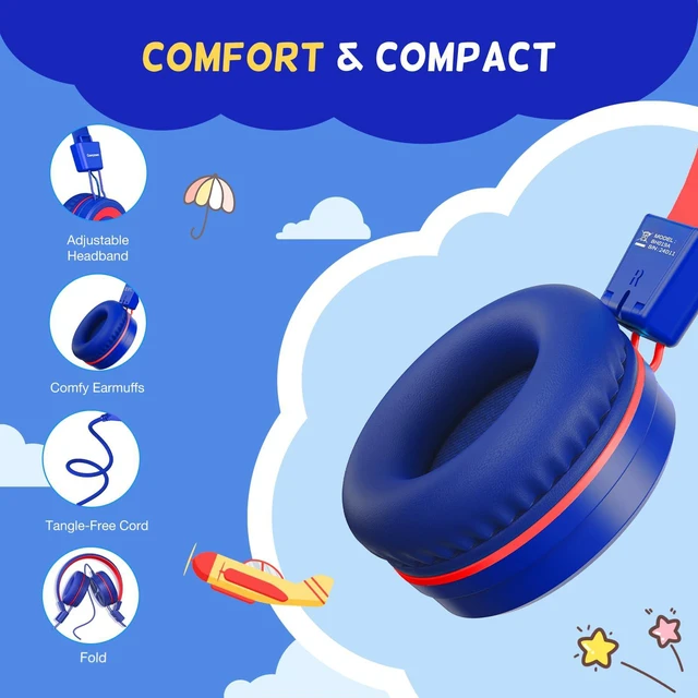 Alt view image 4 of 7 - USB Type C Kids Headphones for School, Wired Toddler Headphones, 94dB Volume Limited, HD Stereo Sound, Foldable Lightweight On-Ear Wired Headphones for Kids/Children/Teens/Boys (Red Blue)