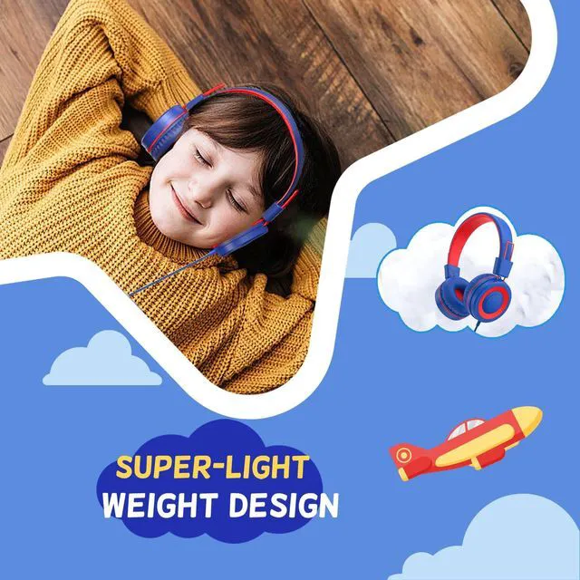 Alt view image 6 of 7 - USB Type C Kids Headphones for School, Wired Toddler Headphones, 94dB Volume Limited, HD Stereo Sound, Foldable Lightweight On-Ear Wired Headphones for Kids/Children/Teens/Boys (Red Blue)